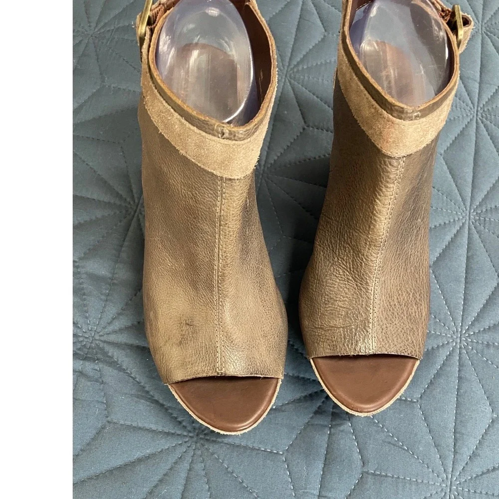 Kork-Ease Brown Leather Suede Wedge Sandals Peep Toe Ankle Strap Womens 10M